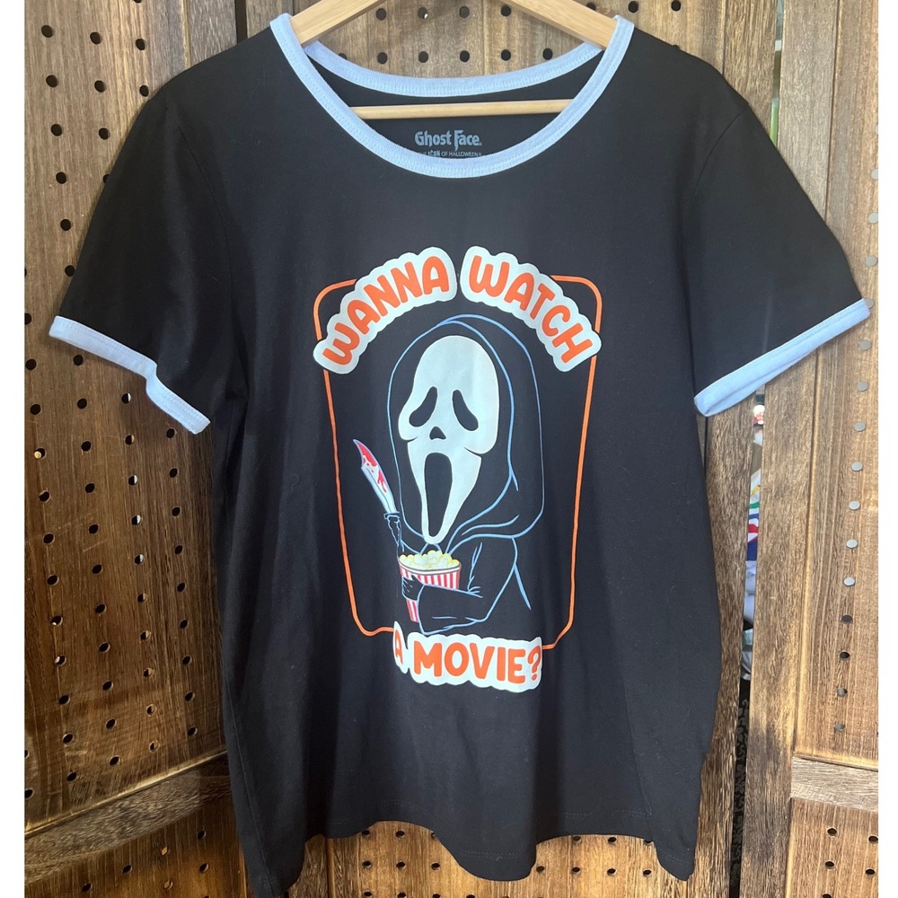Ghost Face Wanna Watch A Movie Ringer T-Shirt Size Large Retro Horror Movies
